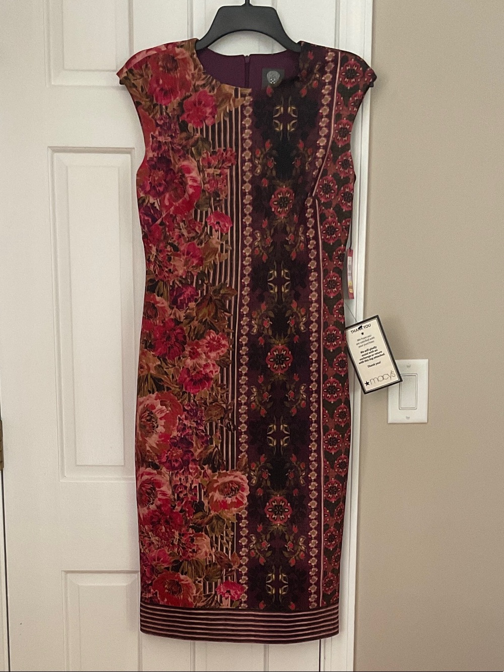 Vince Camuto Burgundy & Pink Floral-Stripe Midi Sheath Dress